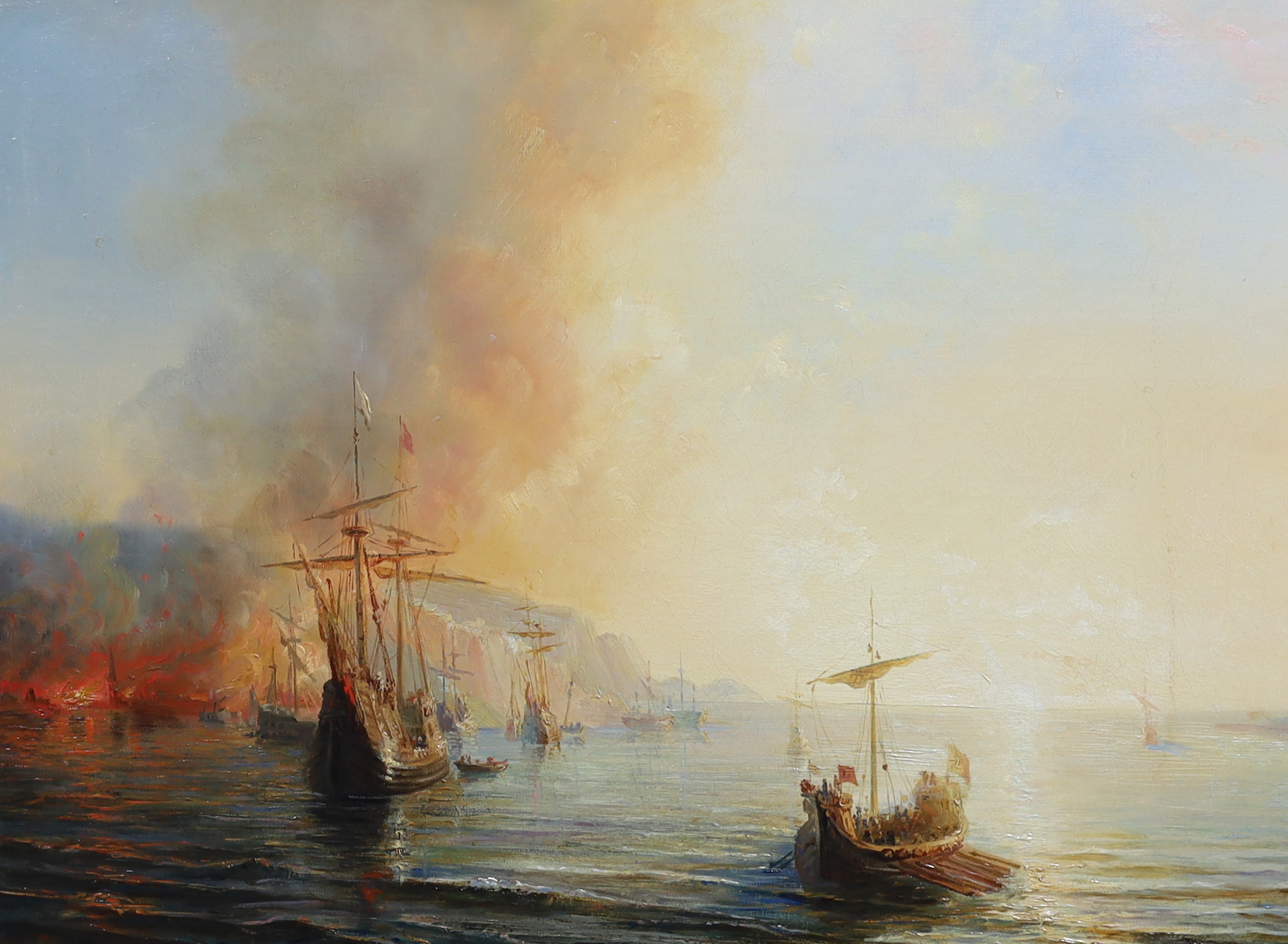 Henriette Hermione Gudin (French, 1825-1876), Fire on the coast, oil on canvas, 36 x 48cm